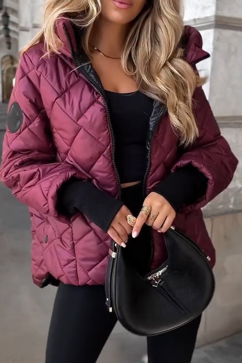 Women's Burgundy Quilted Puffer Jacket Hooded Lightweight Winter Coat