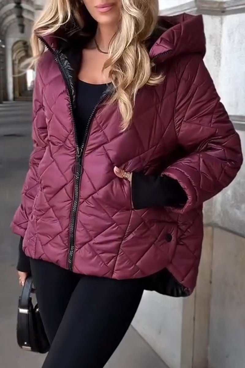Women's Burgundy Quilted Puffer Jacket Hooded Lightweight Winter Coat