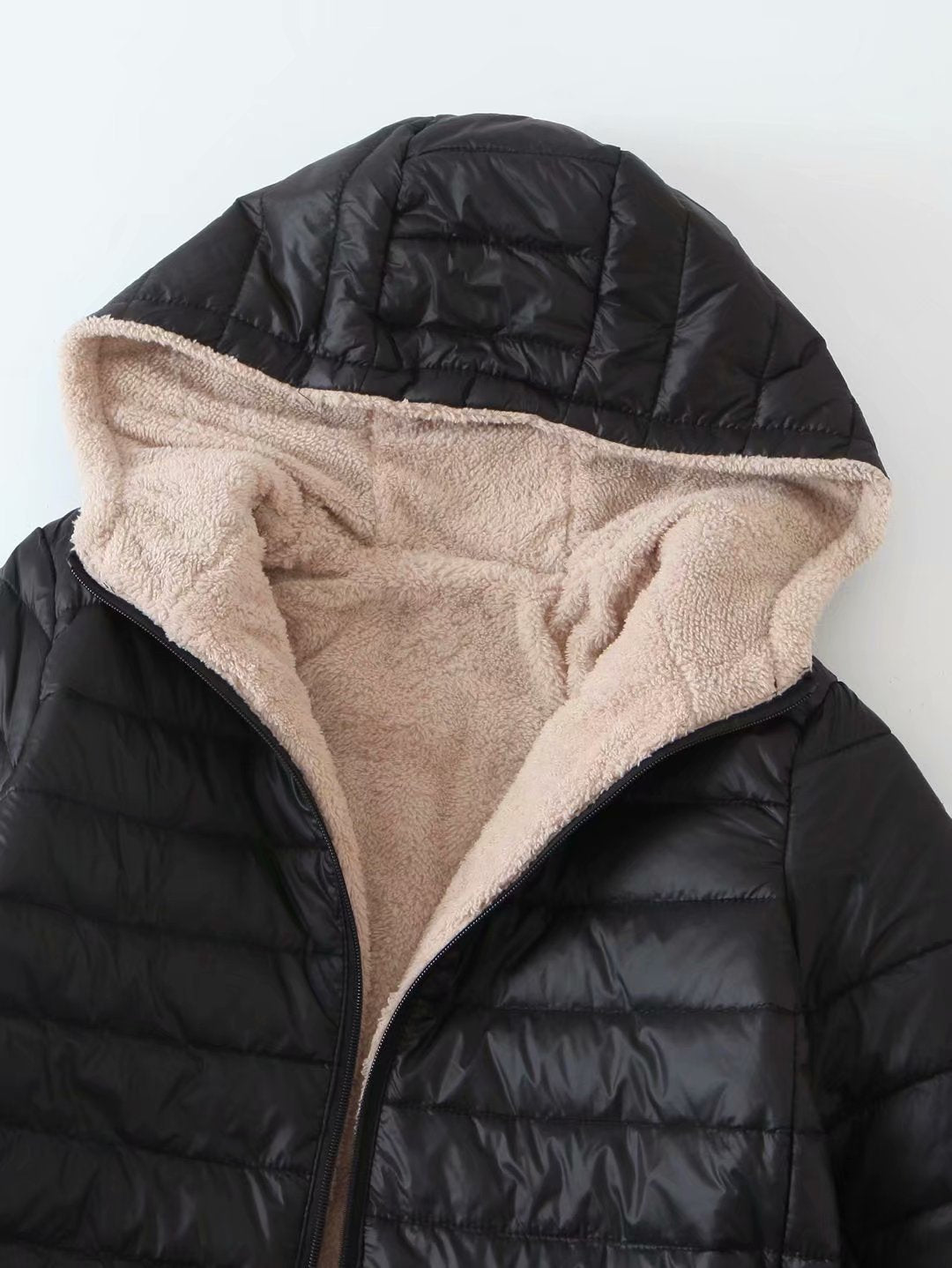 Women's Black Reversible Sherpa Lined Puffer Jacket Hooded Winter Coat