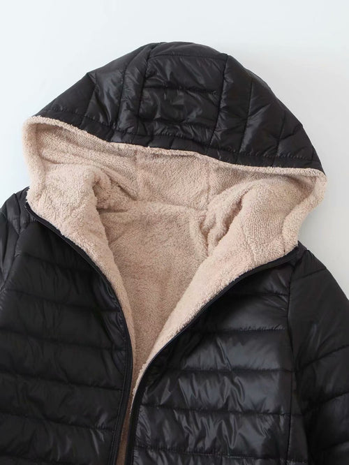 Women's Black Reversible Sherpa Lined Puffer Jacket Hooded Winter Coat
