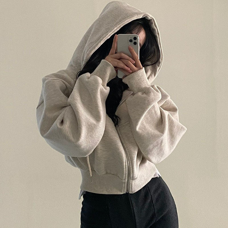 Women's Cropped Zip Up Hoodie Oversized Long Sleeve Hooded Sweatshirt