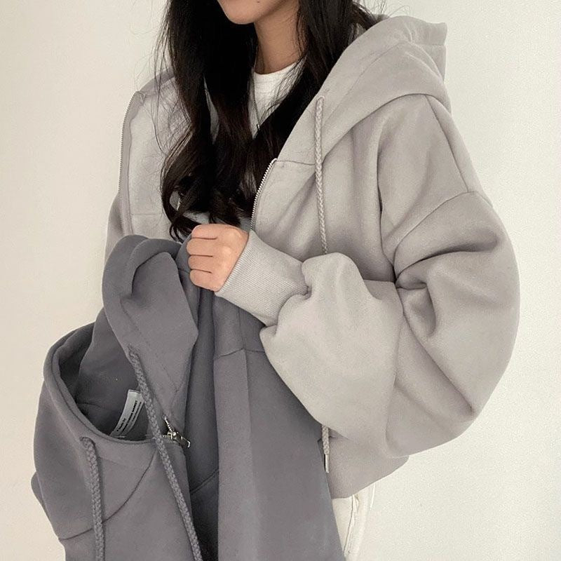 Women's Cropped Zip Up Hoodie Oversized Long Sleeve Hooded Sweatshirt