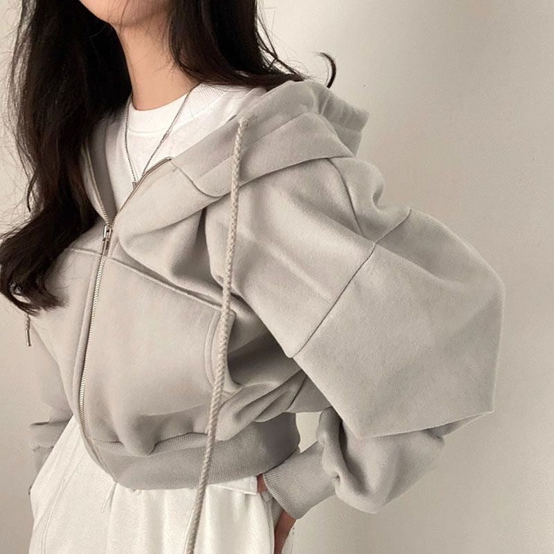 Women's Cropped Zip Up Hoodie Oversized Long Sleeve Hooded Sweatshirt