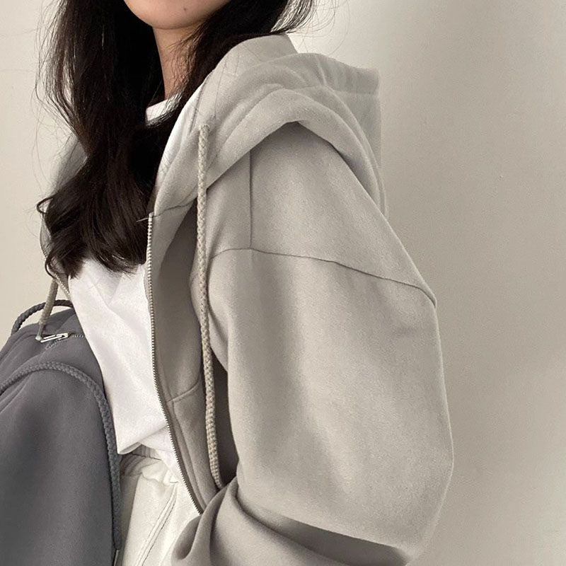 Women's Cropped Zip Up Hoodie Oversized Long Sleeve Hooded Sweatshirt