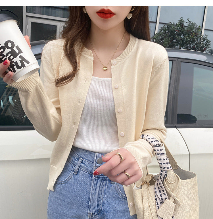 Women's Cream Button Down Knit Cardigan Long Sleeve V-Neck Lightweight Sweater