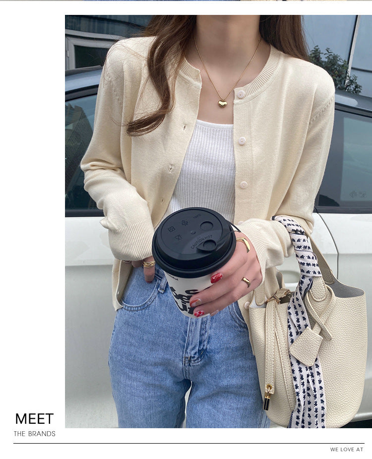 Women's Cream Button Down Knit Cardigan Long Sleeve V-Neck Lightweight Sweater